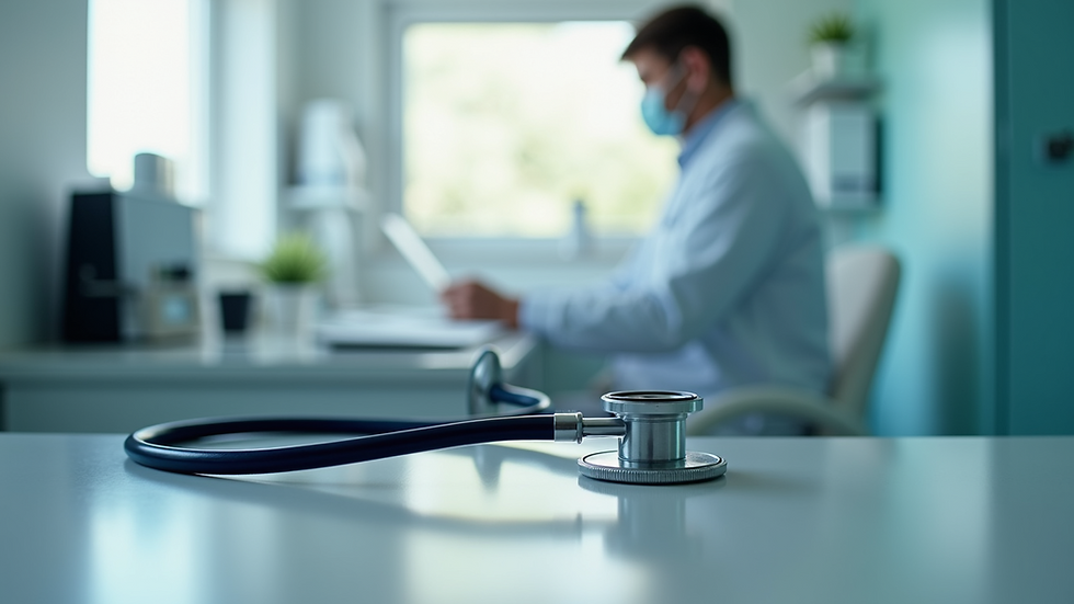 Eye-level view of a medical office with a stethoscope on a desk