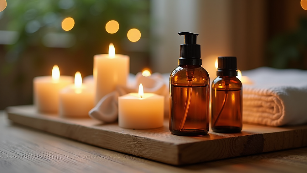Close-up view of aromatic massage oils and candles on a wooden tray