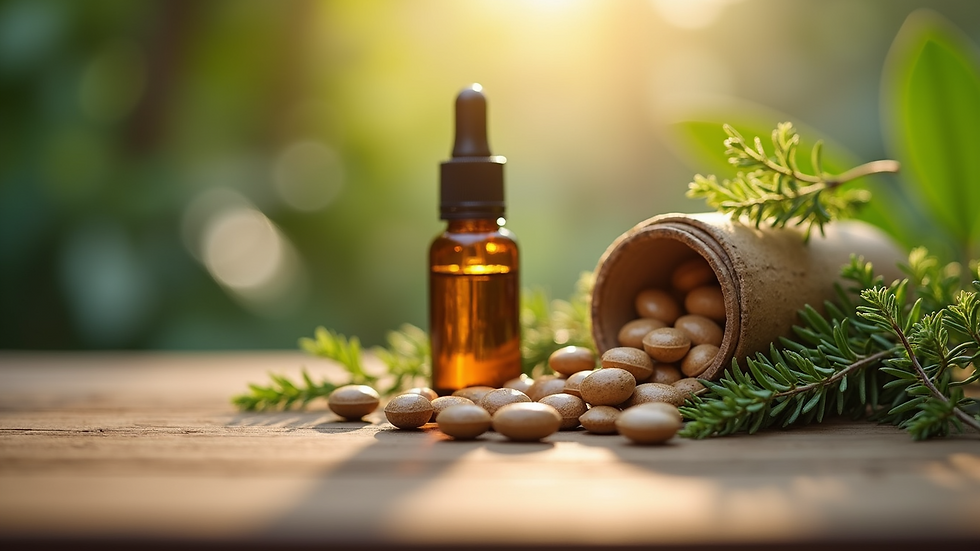Close-up view of herbal supplements and essential oils on a wooden table