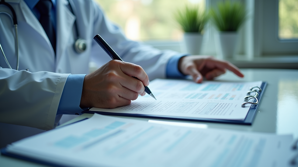 Close-up view of a medical professional reviewing patient charts