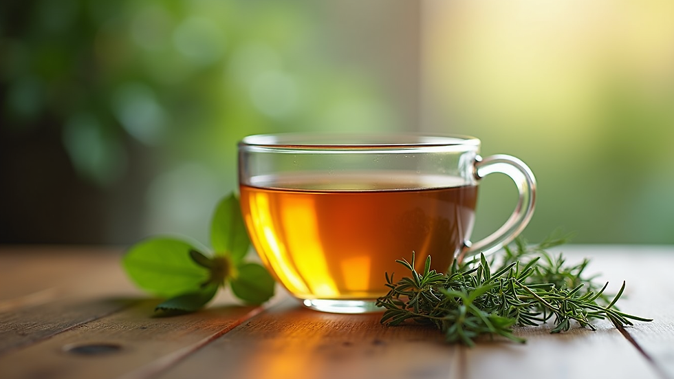 Eye-level view of a glass cup filled with herbal tea and fresh herbs