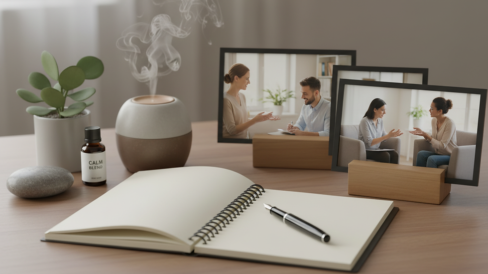 Close-up view of a counselor’s desk with a notebook, pen, and calming decor