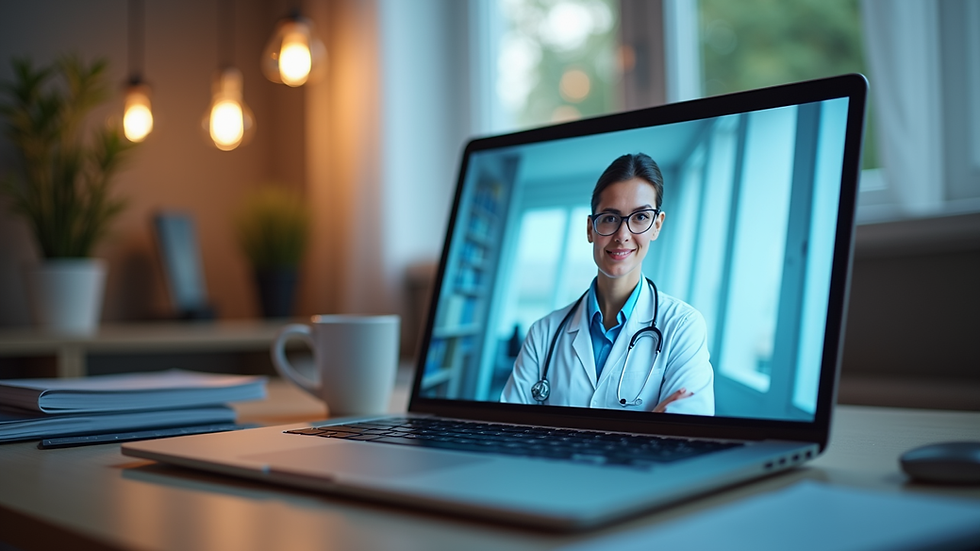 Eye-level view of a laptop on a desk with a virtual doctor consultation on screen