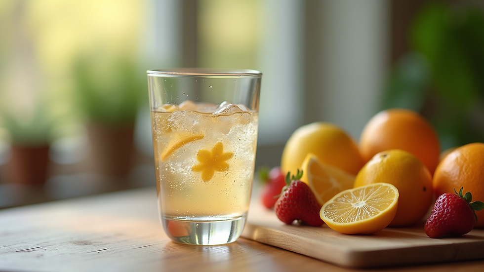 Close-up view of a glass of water and fresh fruits on a wooden table