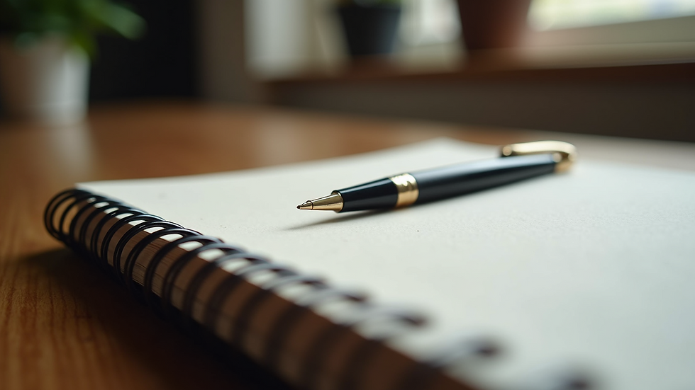 Close-up view of a journal and pen on a wooden desk