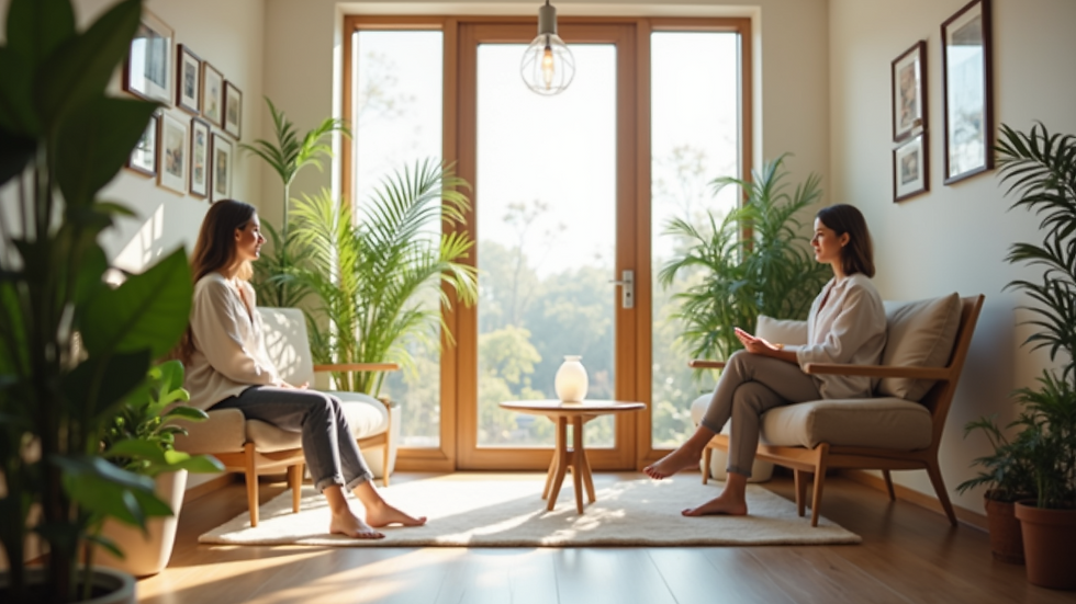 Eye-level view of a cozy consultation room with natural light and plants