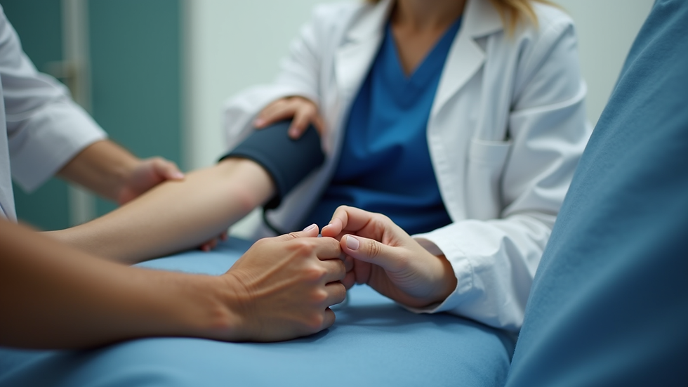Close-up view of a healthcare provider taking a patient’s blood pressure