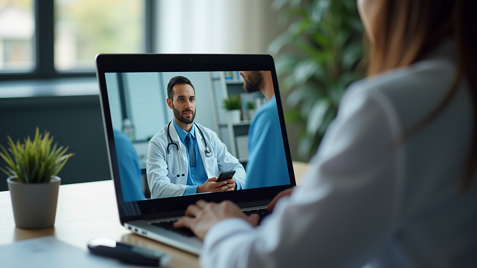 Eye-level view of a laptop displaying a telemedicine video call
