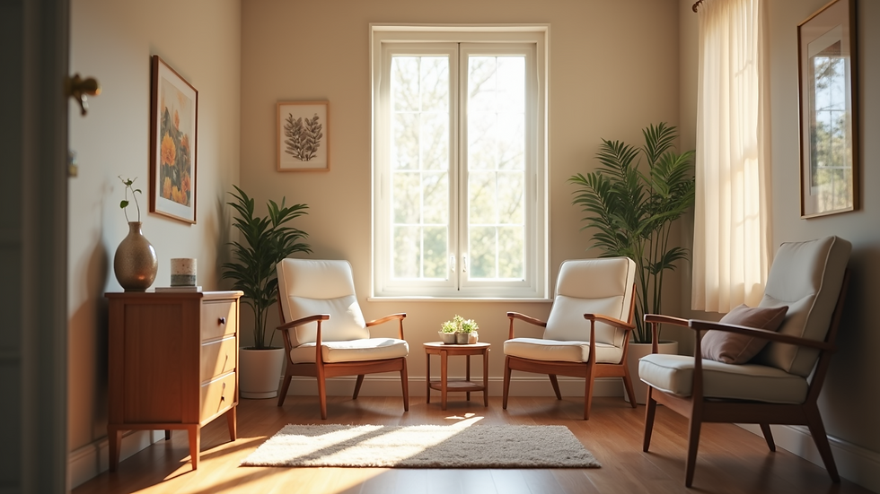 Eye-level view of a cozy therapy room with comfortable chairs and soft lighting