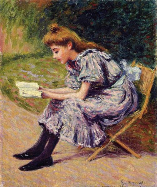 Painting of a woman reading a book.