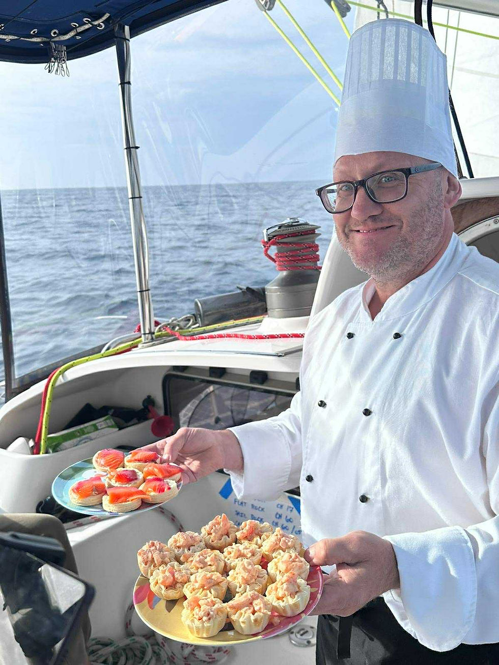 Salmon belinis and prawns in freshly made filo are on the menu on SV Thistle.