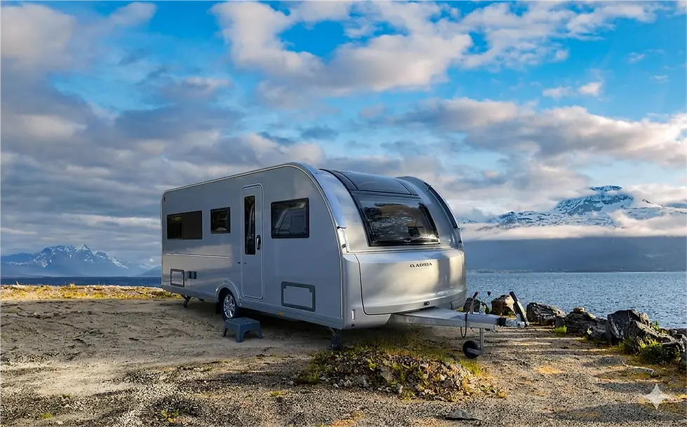 Moderner Wohnwagen am See mit Bergpanorama