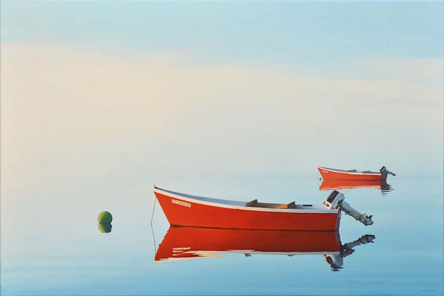Red boats, morning mist