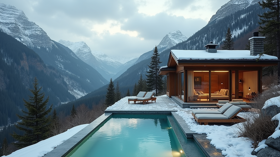 High angle view of a mountain cabin with a private pool