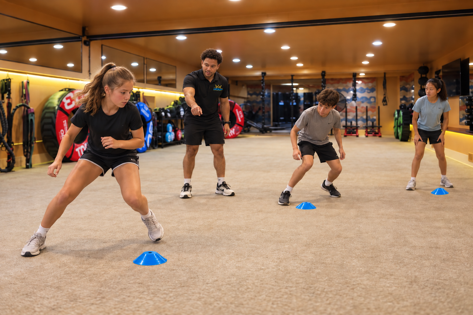 Youth athletes practicing cone drills in the downstairs studio at LEAP