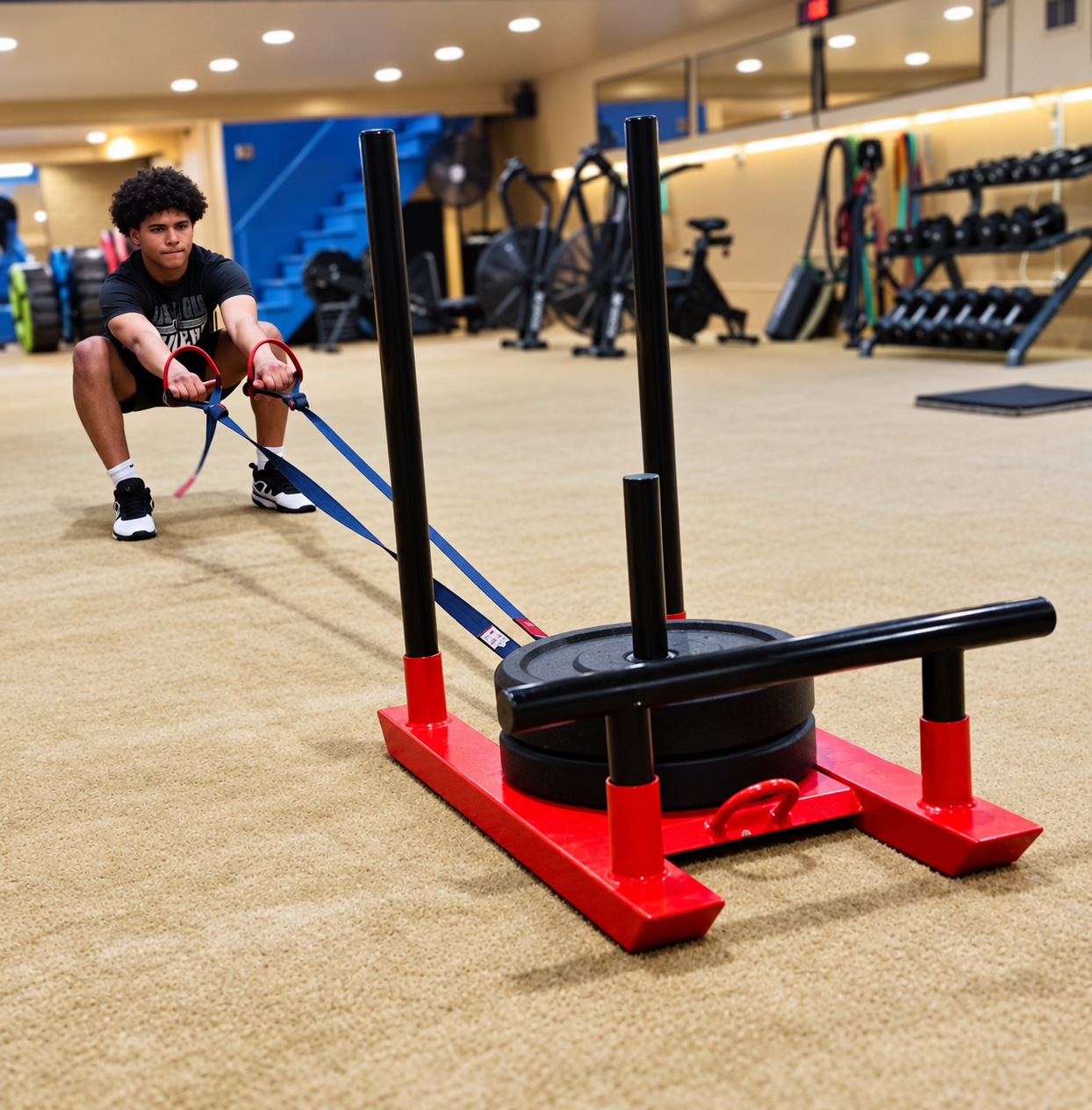 A young athlete pulling a sled during coached training at LEAP in East Lakeview.