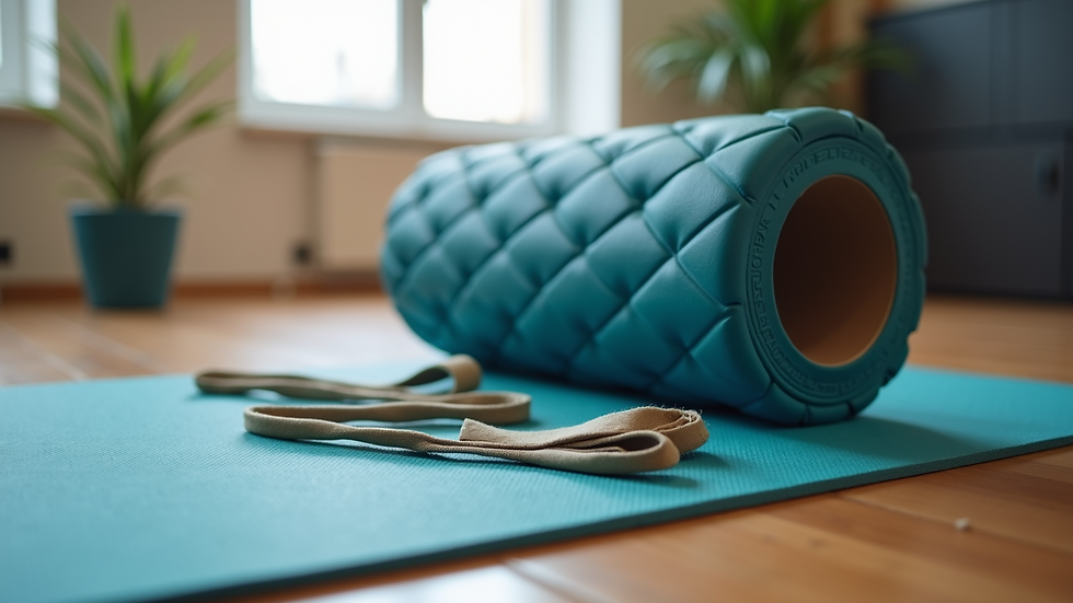 Close-up view of a physiotherapy exercise mat with resistance bands and foam roller