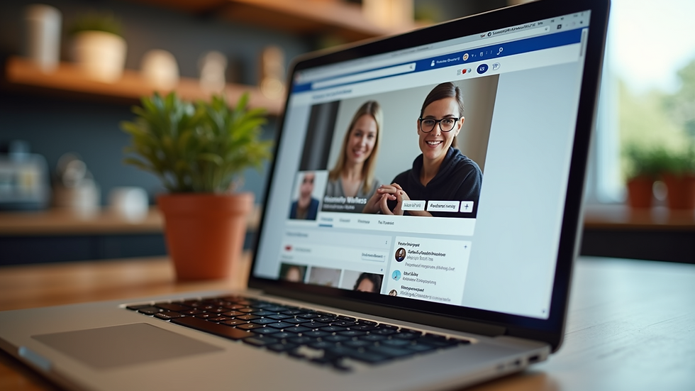 Eye-level view of a laptop screen showing a Facebook wellness group page