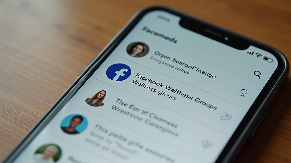 Close-up view of a smartphone displaying a list of Facebook wellness groups