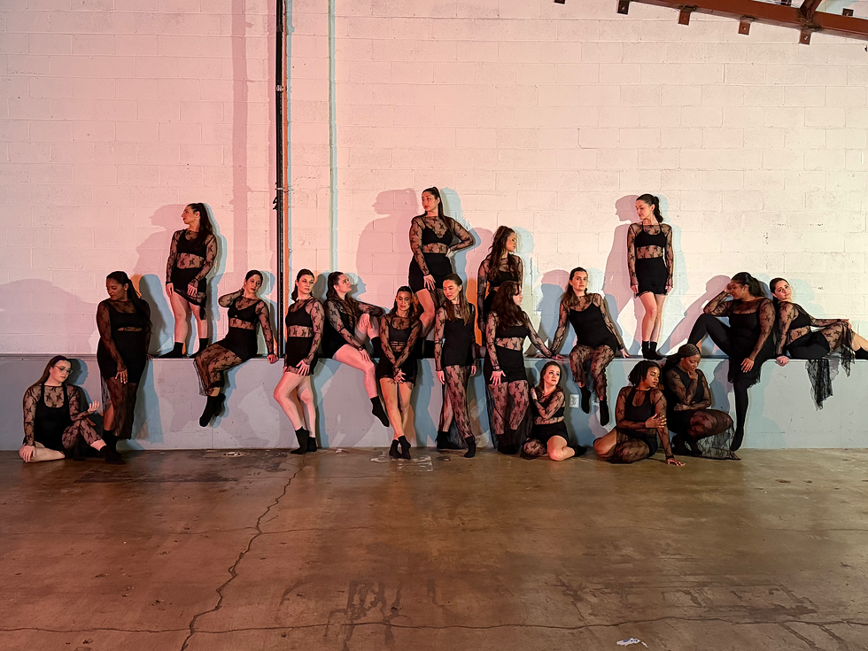 Cast of dancers posing against a wall in black, lace dresses with a soft red light upon them