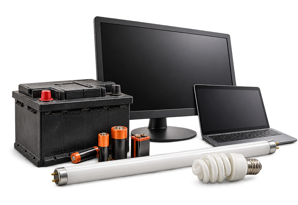 an assortment of batteries, a car battery, an old computer monitor, a laptop, fluorescent light bulbs, and a twisted light bulb