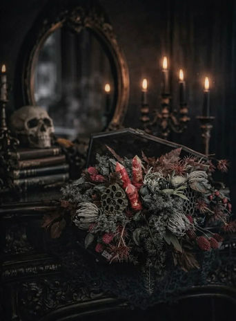 Gothic Home Decor, Dark Home Decor, Oddities, Curiosities, One-of-a-Kind Weird Art, Using Coffins, Florals, Taxidermy, Dead Things
