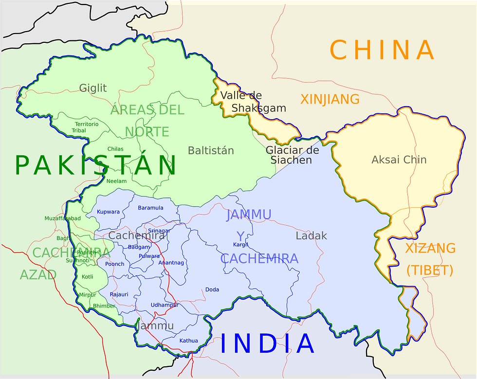 Mapa de la distribución de la región de Cachemira entre India, Pakistán y China