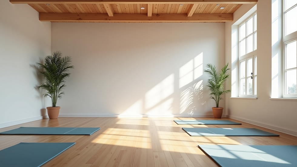 Wide angle view of a bright and spacious fitness studio with yoga mats