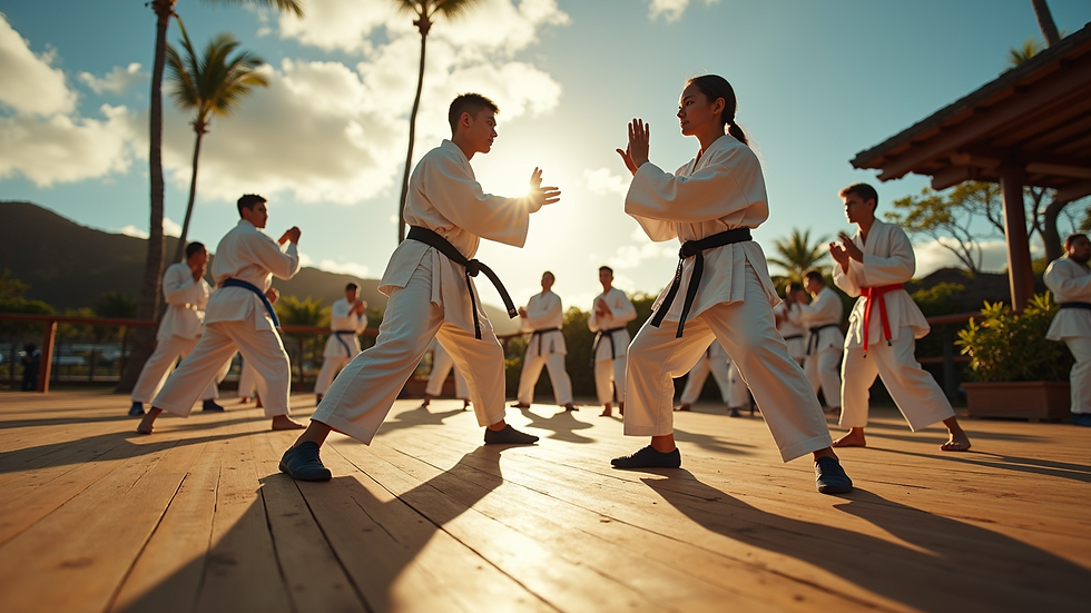 High angle view of an outdoor martial arts class on a sunny day in Maui