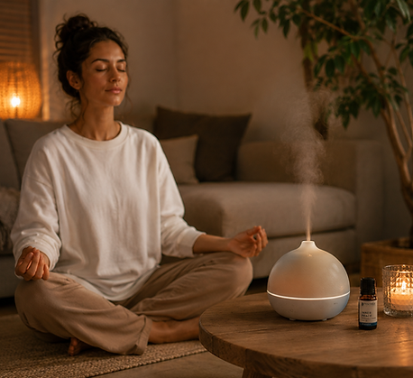 woman meditating with essential oil diffuser