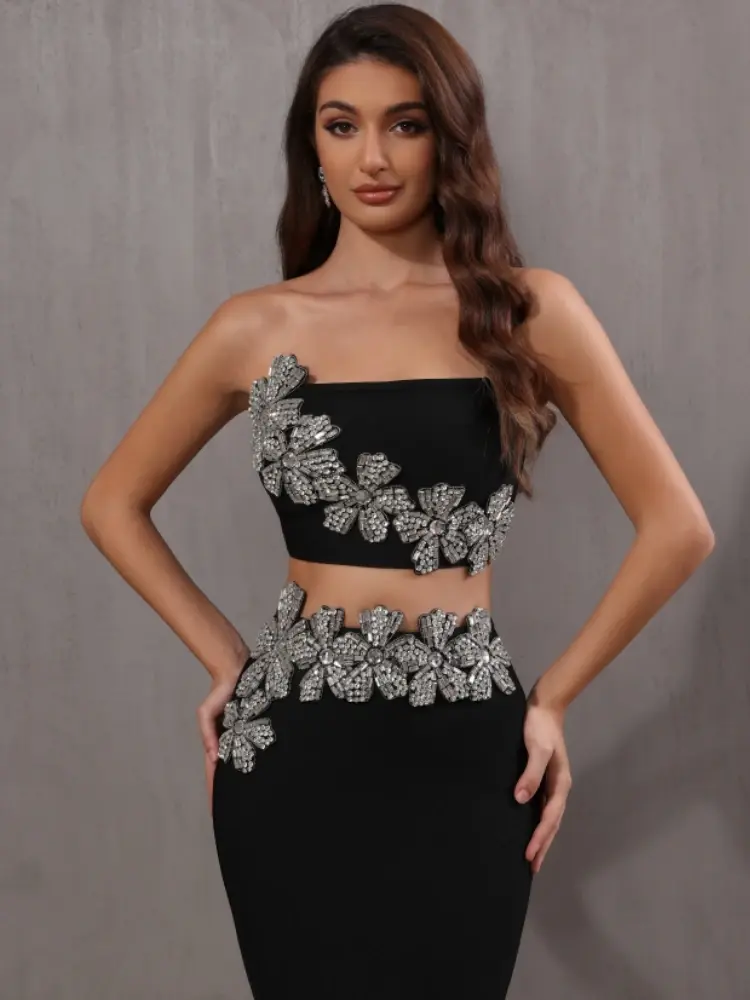 Thumbnail: Women Celebrity Sexy Crystal Diamonds Two Piece Long Designer Evening Party Set