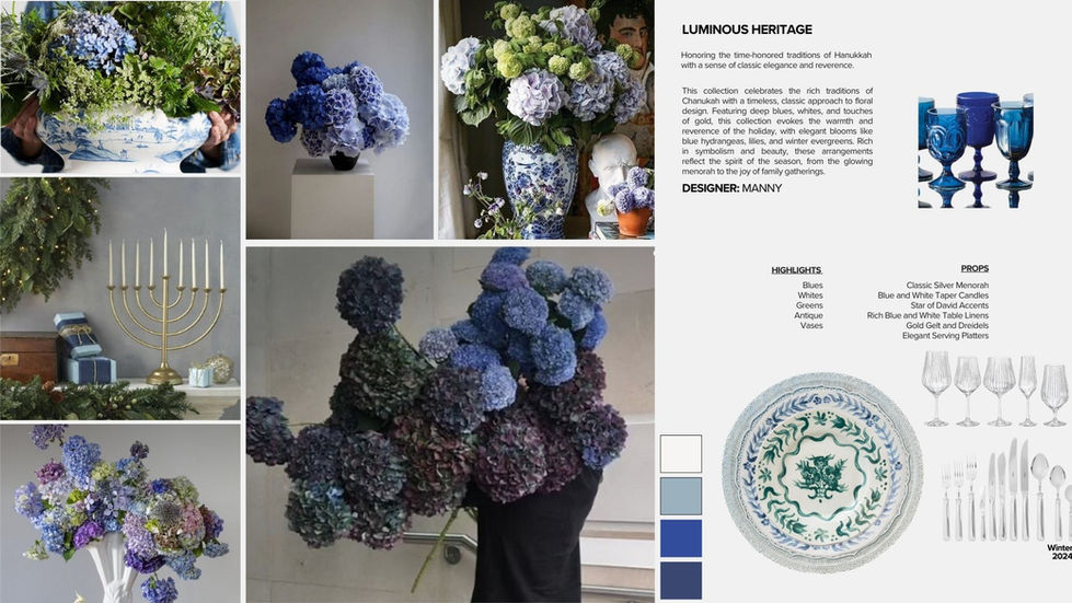 a collage of blue and green flowers with the words luminous heritage at the top