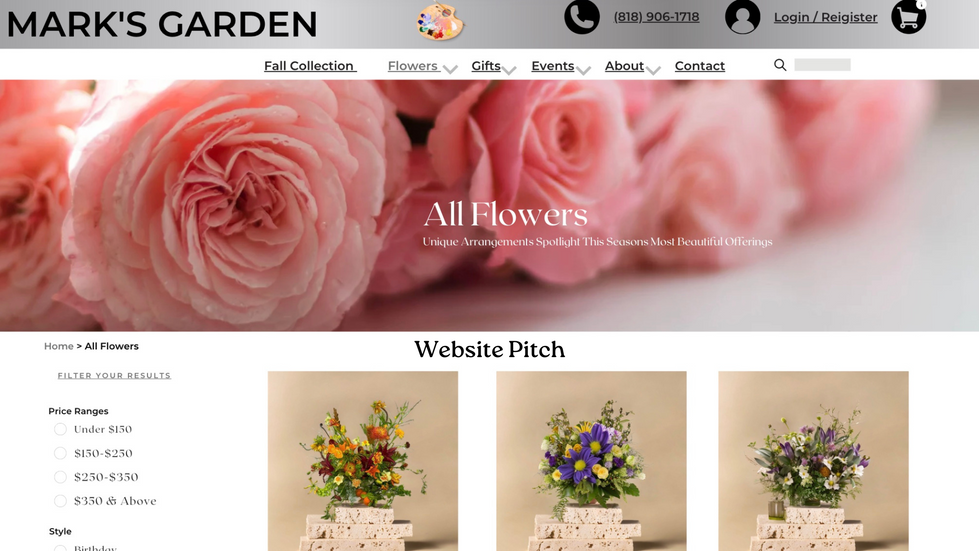 a website for arden flowers shows a variety of flowers