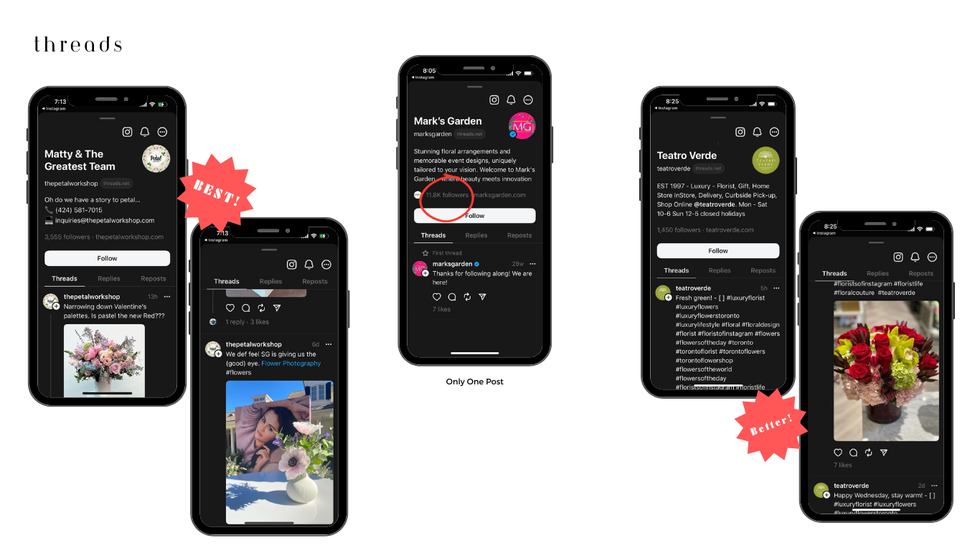 three cell phones are open to a page for mark 's garden