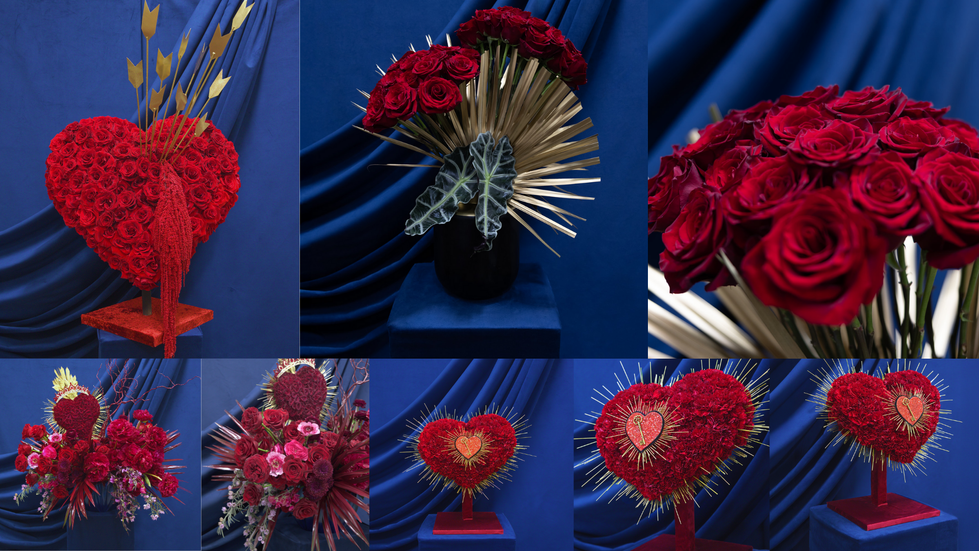 a collage of images of red flowers in the shape of a heart