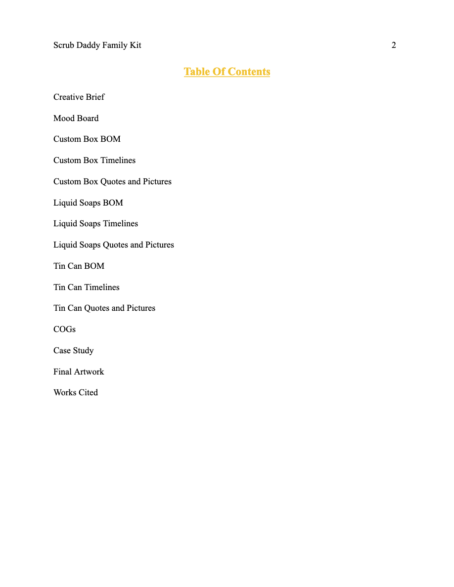 a table of contents for a project called creative brief