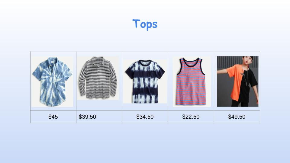 a website displays a variety of tops for sale