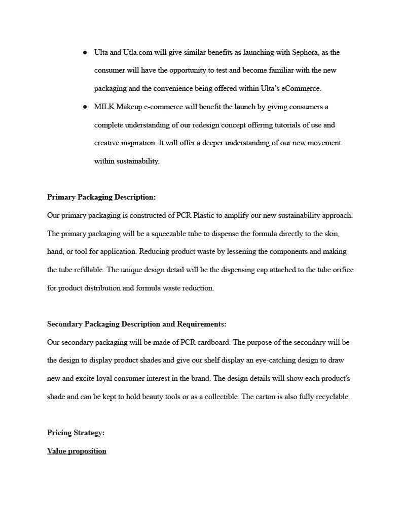 a page that says primary packaging description secondary packaging description and requirements pricing strategy value proposition