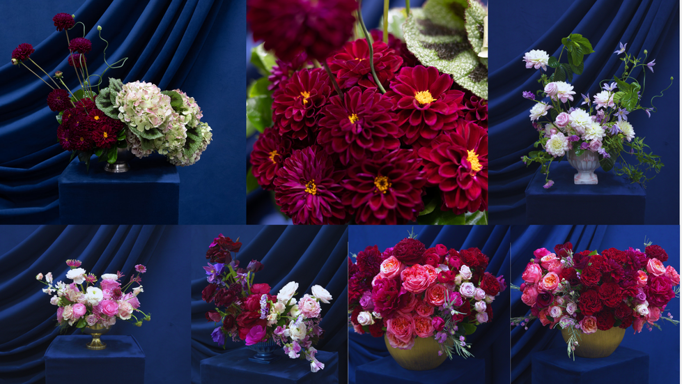 a collage of red flowers with yellow centers