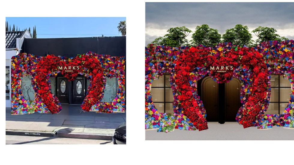 a picture of a store front with flowers and the word mark on it