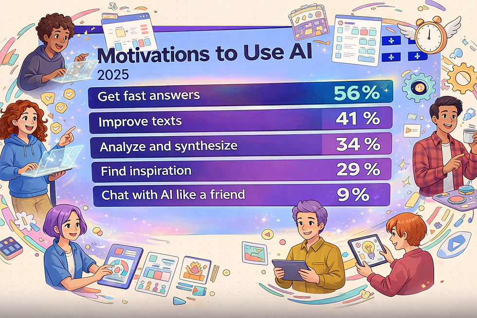 Animated people using devices surround a chart titled "Motivations to Use AI 2025," highlighting stats: Fast answers 56%, Improve texts 41%.