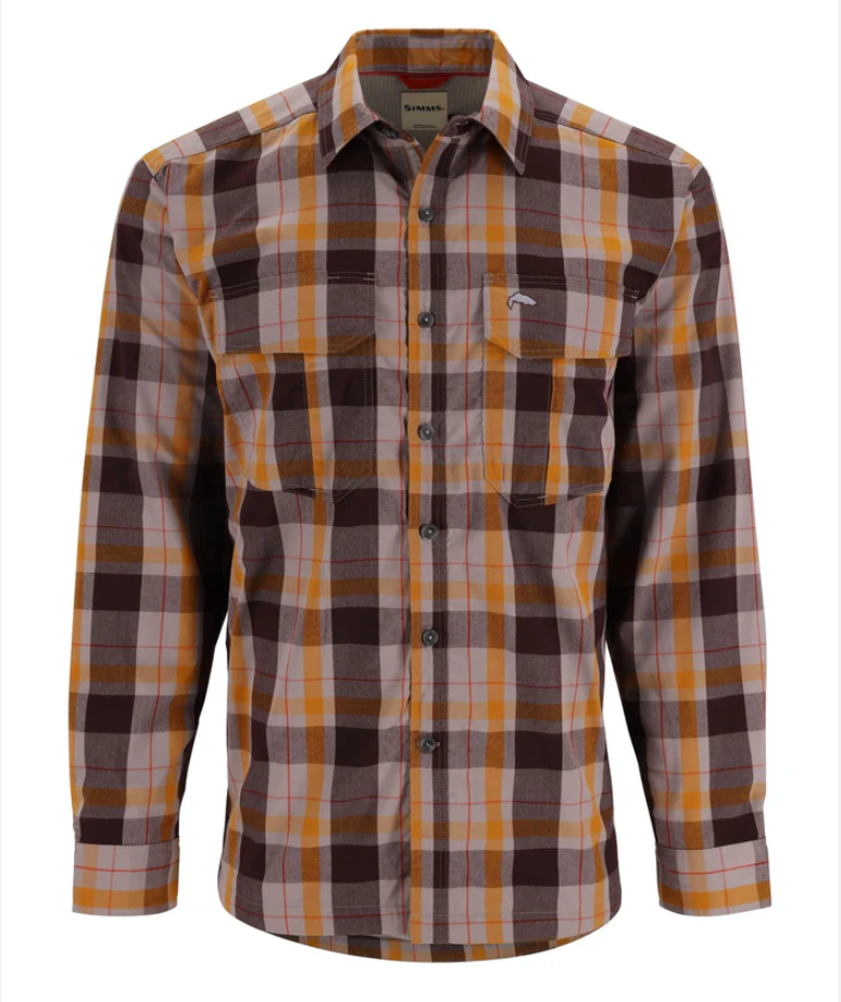 Chemise Simms Coldweather pour homme à carreaux orange et brun.