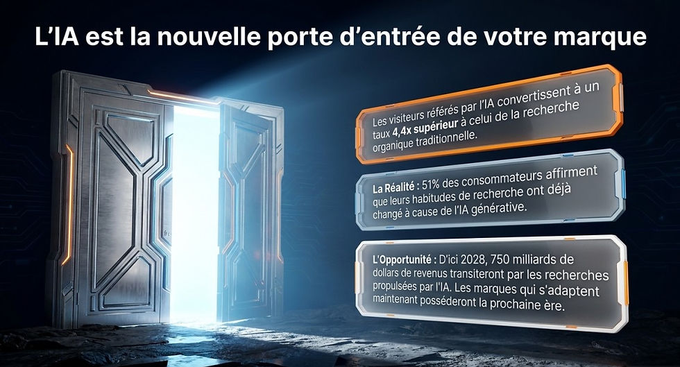Porte futuriste ouverte sous un faisceau bleu, avec texte sur l’IA et trois encadrés gris/orange sur fond sombre.