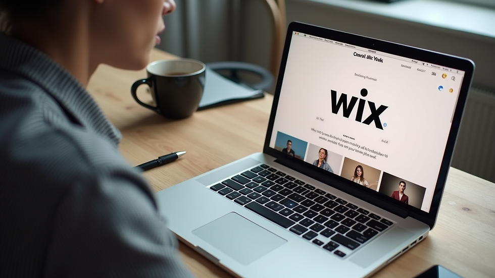 Vue en plongée d'un bureau moderne avec un ordinateur portable ouvert sur un modèle Wix