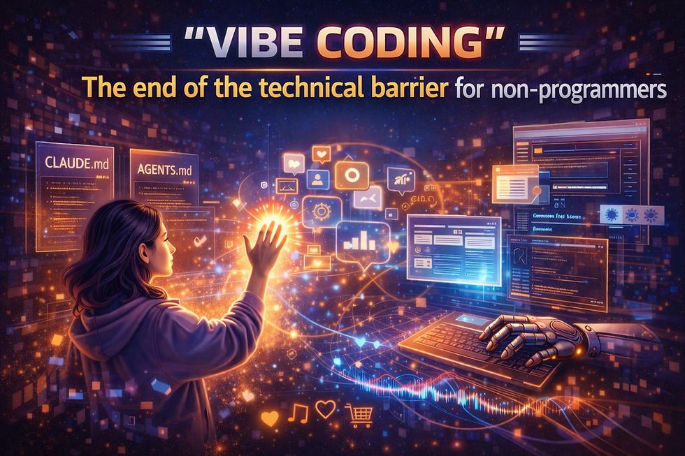 A person interacts with digital interfaces, vibrant light effects, and a robotic hand at a keyboard. Text: "Vibe Coding," "The end of the technical barrier."