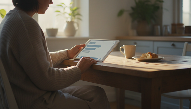 Vue en plongée d’une personne consultant une réponse IA sur une tablette dans une cuisine lumineuse.