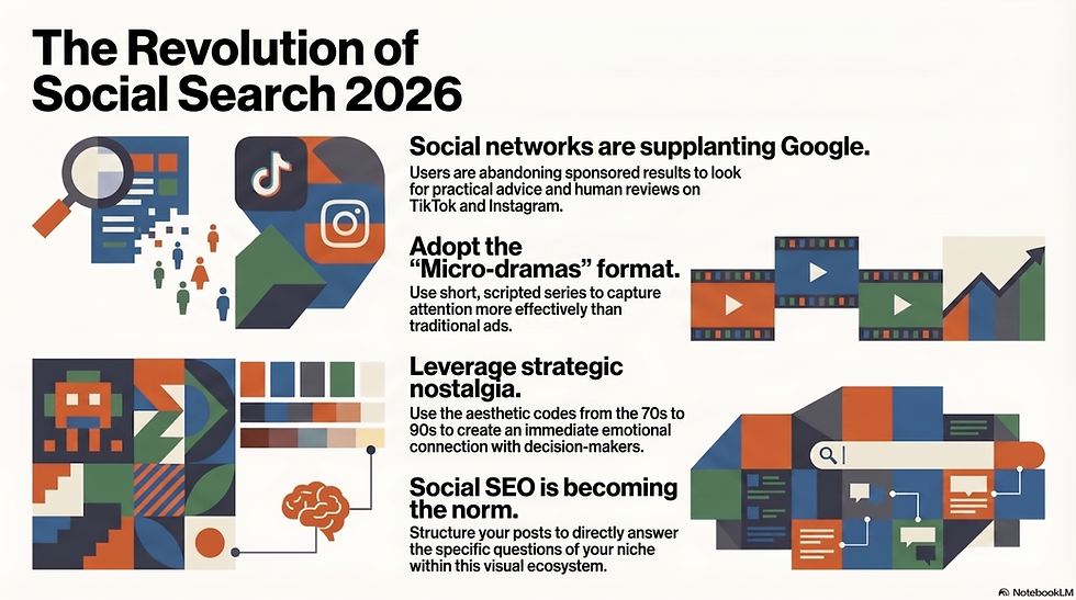 Infographic on "The Revolution of Social Search 2026" with illustrations highlighting trends like social networks, micro-dramas, nostalgia, and SEO.