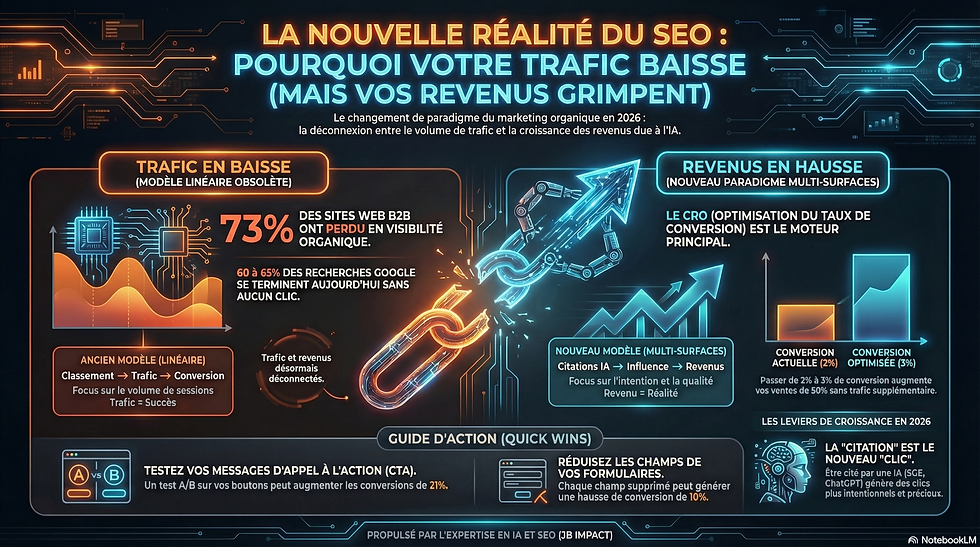 Infographie “La nouvelle réalité du SEO” : contraste trafic en baisse (73% des sites B2B perdent en visibilité, 60–65% zero-click) vs revenus en hausse, chaîne brisée, nouveau modèle multi-surfaces (Citations IA → Influence → Revenus) et focus CRO avec conversion 2%→3% (+50%).