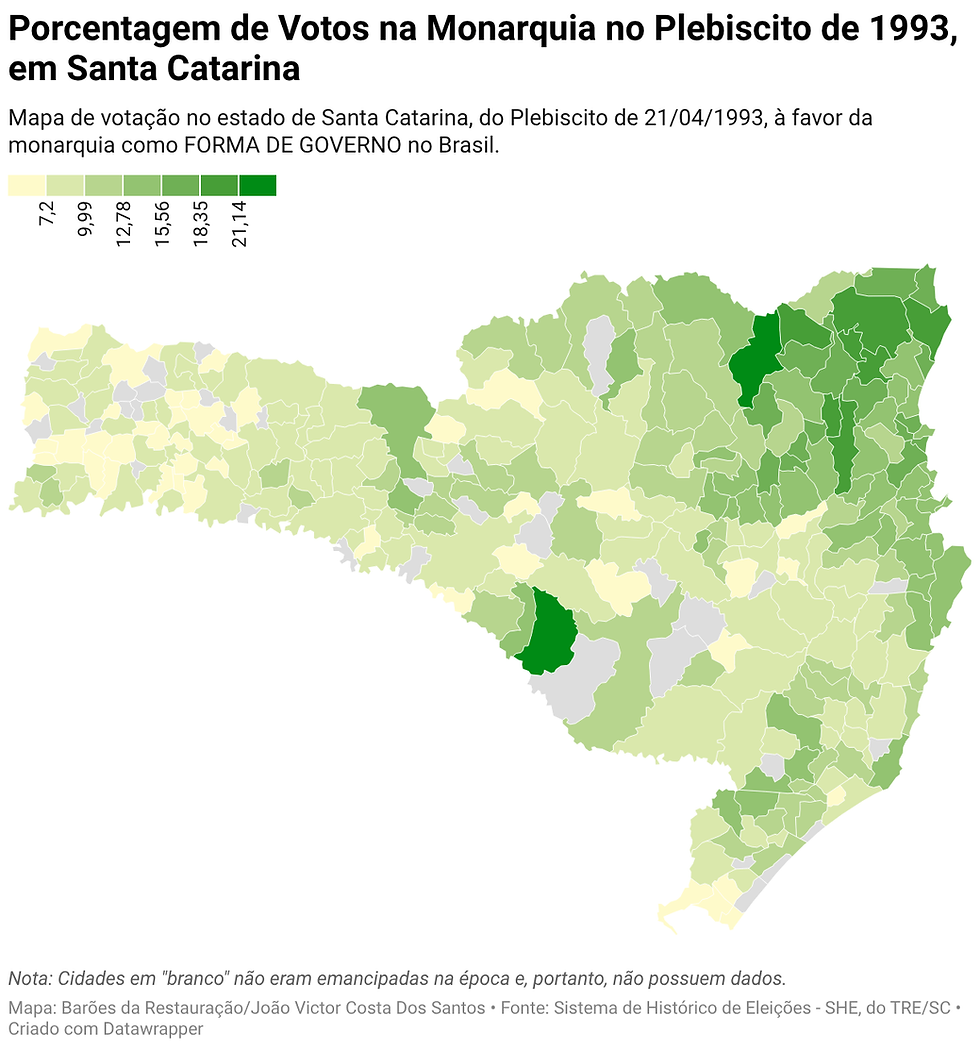 Print do mapa interativo da votação sobre a Forma de Governo no Plebiscito de 1993 em SC, com enfoque na monarquia.
