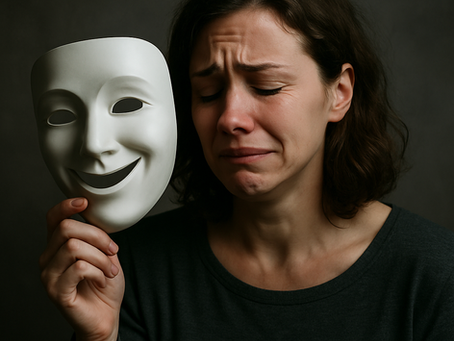 A woman with a pained expression holds a smiling white mask beside her face, symbolizing the emotional weight of hiding true feelings behind a façade.